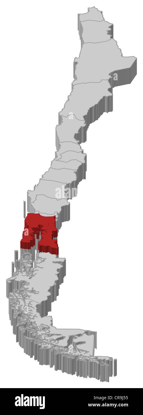 Mappa politica del Cile con le diverse regioni dove Los Lagos è evidenziata. Foto Stock