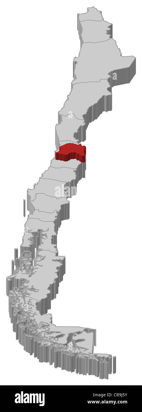 Mappa politica del Cile con le diverse regioni in cui la regione metropolitana è evidenziata. Foto Stock