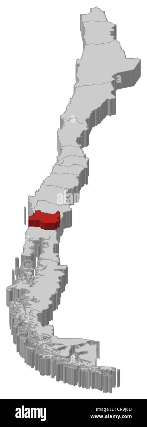 Mappa politica del Cile con le diverse regioni dove Los Ríos è evidenziata. Foto Stock