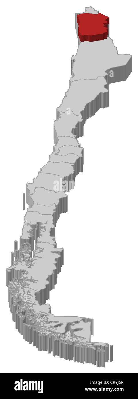 Mappa politica del Cile con le diverse regioni dove Tarapacá è evidenziata. Foto Stock