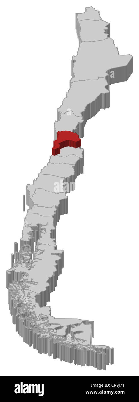 Mappa politica del Cile con le diverse regioni dove Valparaíso è evidenziata. Foto Stock