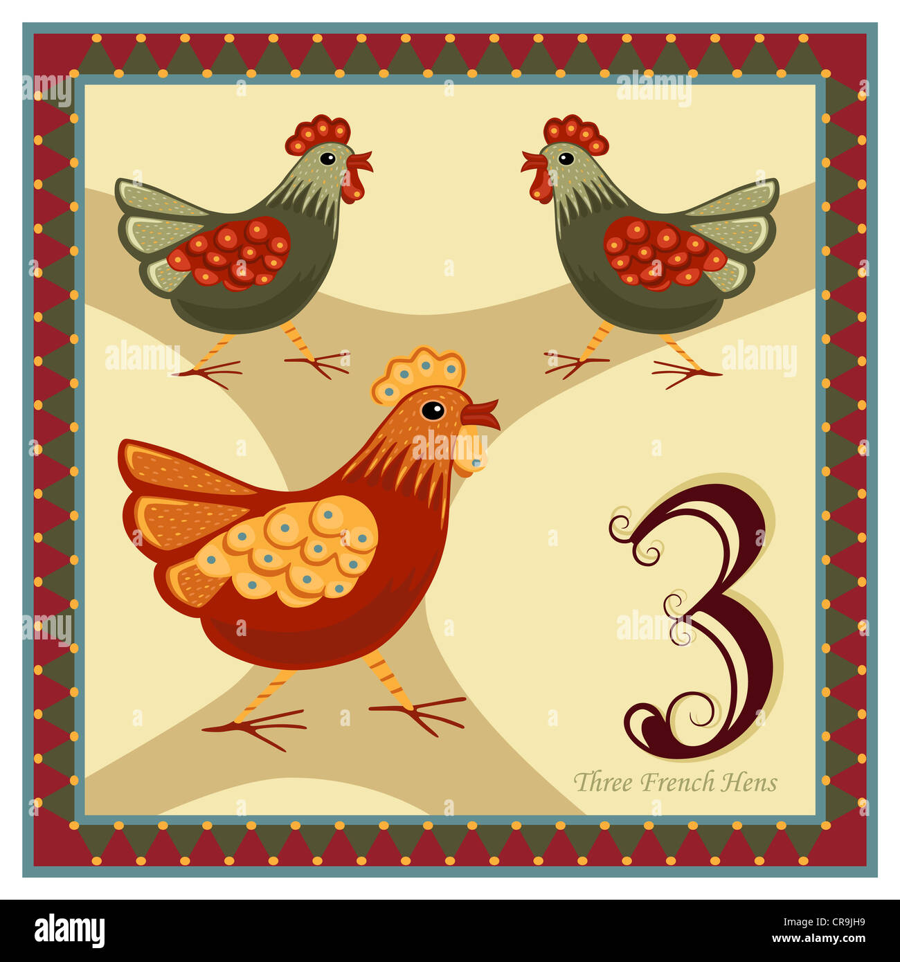 Dodici giorni di Natale - 3 ° giorno - tre galline francese. I religiosi della scheda Messaggi di saluto. Foto Stock