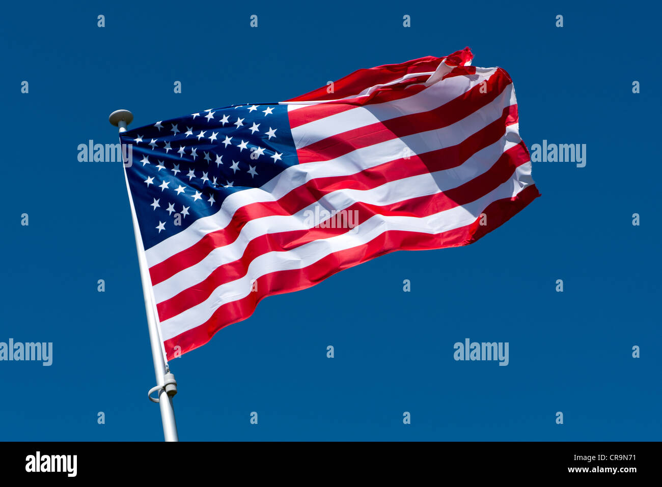 La bandiera americana svolazzante sulla cima di un pennone Foto Stock