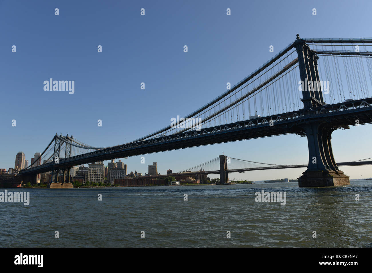 Manhattan Bridge, il Ponte di Brooklyn, ampio angolo Foto Stock