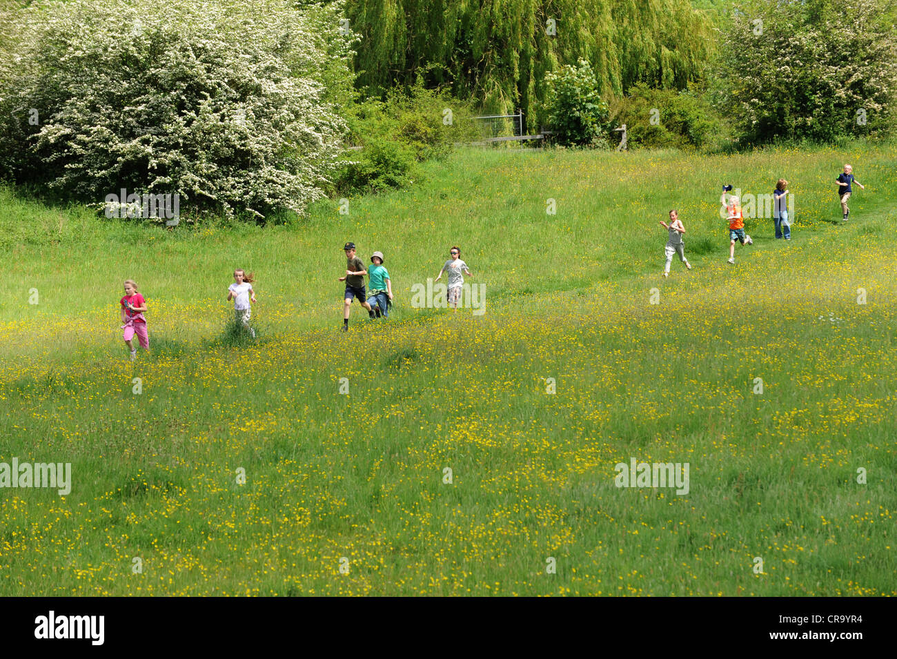 La scuola dei bambini su una natura a piedi lungo il Lodge in campo Ironbridge Shropshire Foto Stock