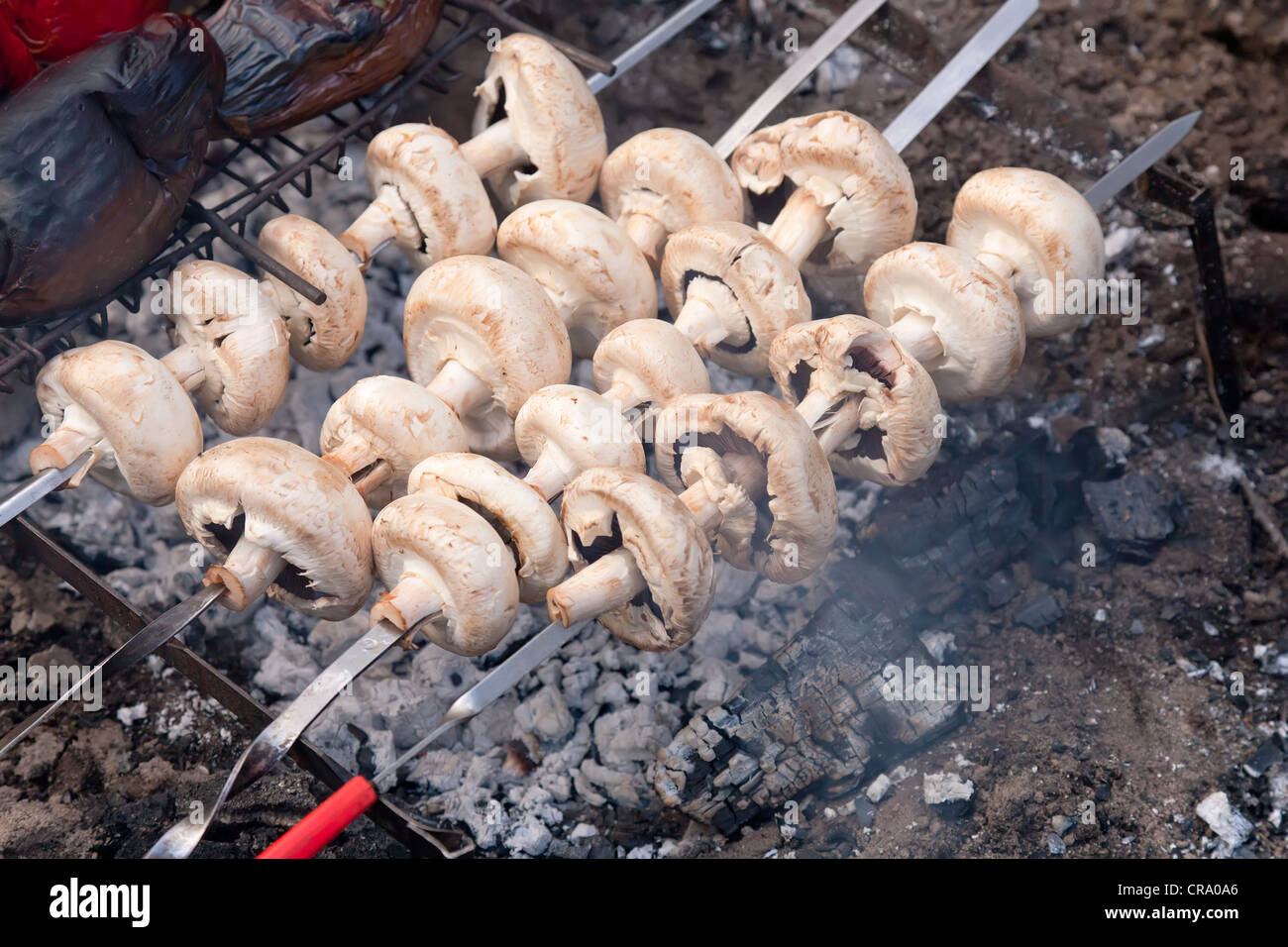 I funghi di fumo sul barbecue Foto Stock