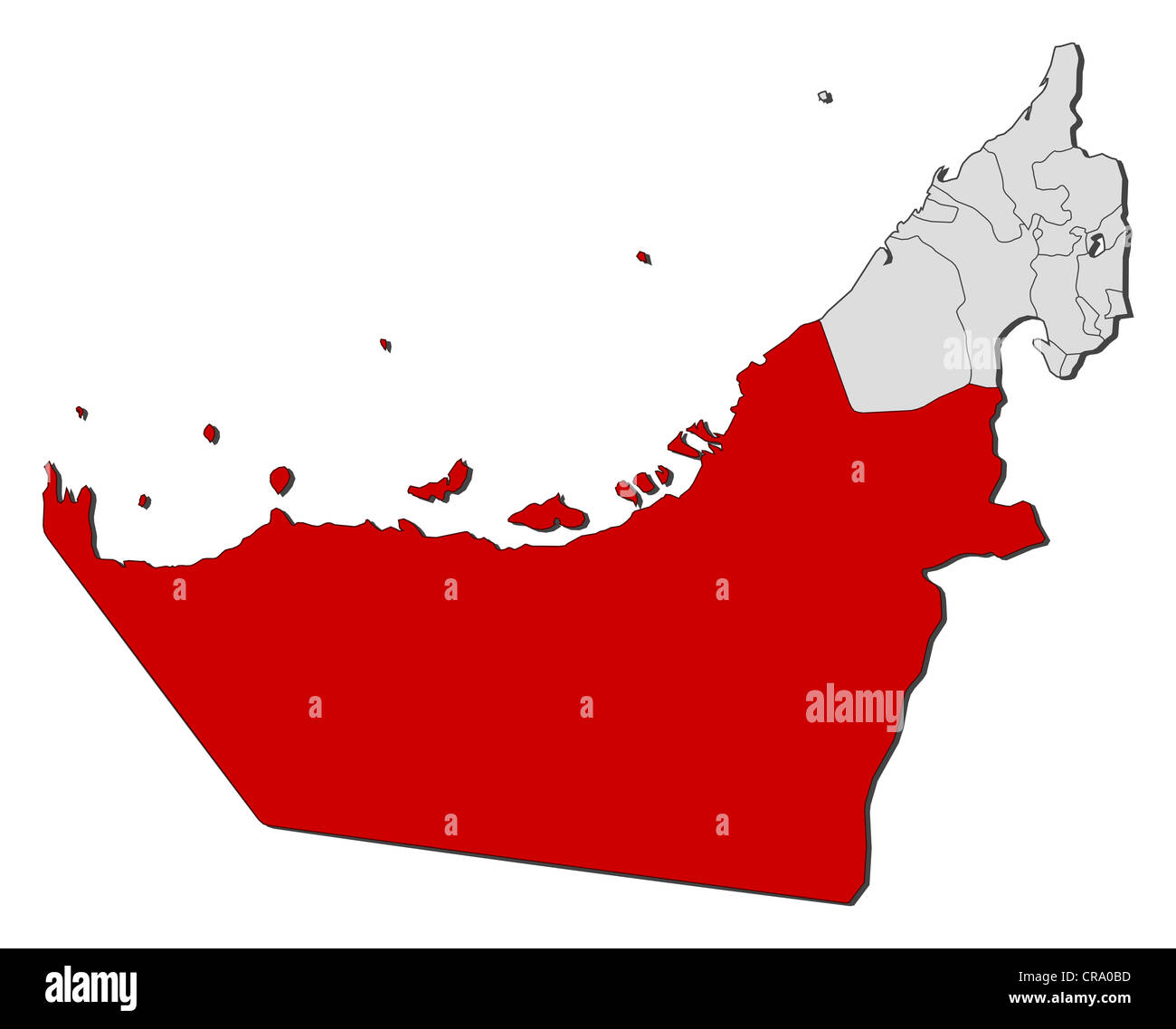 Mappa politica degli Emirati Arabi Uniti con i diversi emirati dove Abu Dhabi è evidenziata. Foto Stock