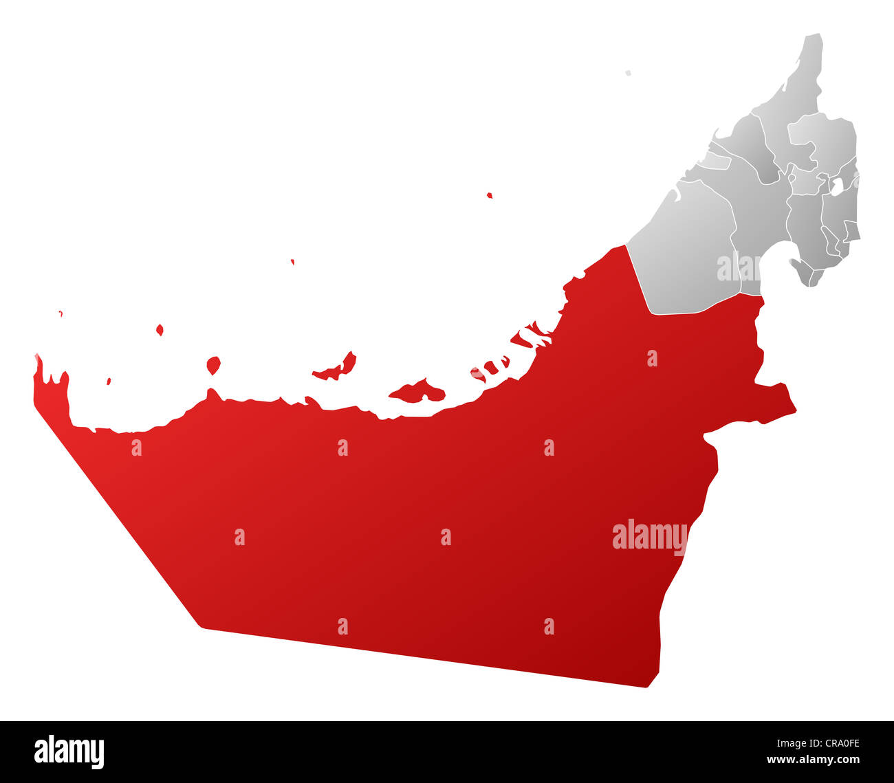 Mappa politica degli Emirati Arabi Uniti con i diversi emirati dove Abu Dhabi è evidenziata. Foto Stock