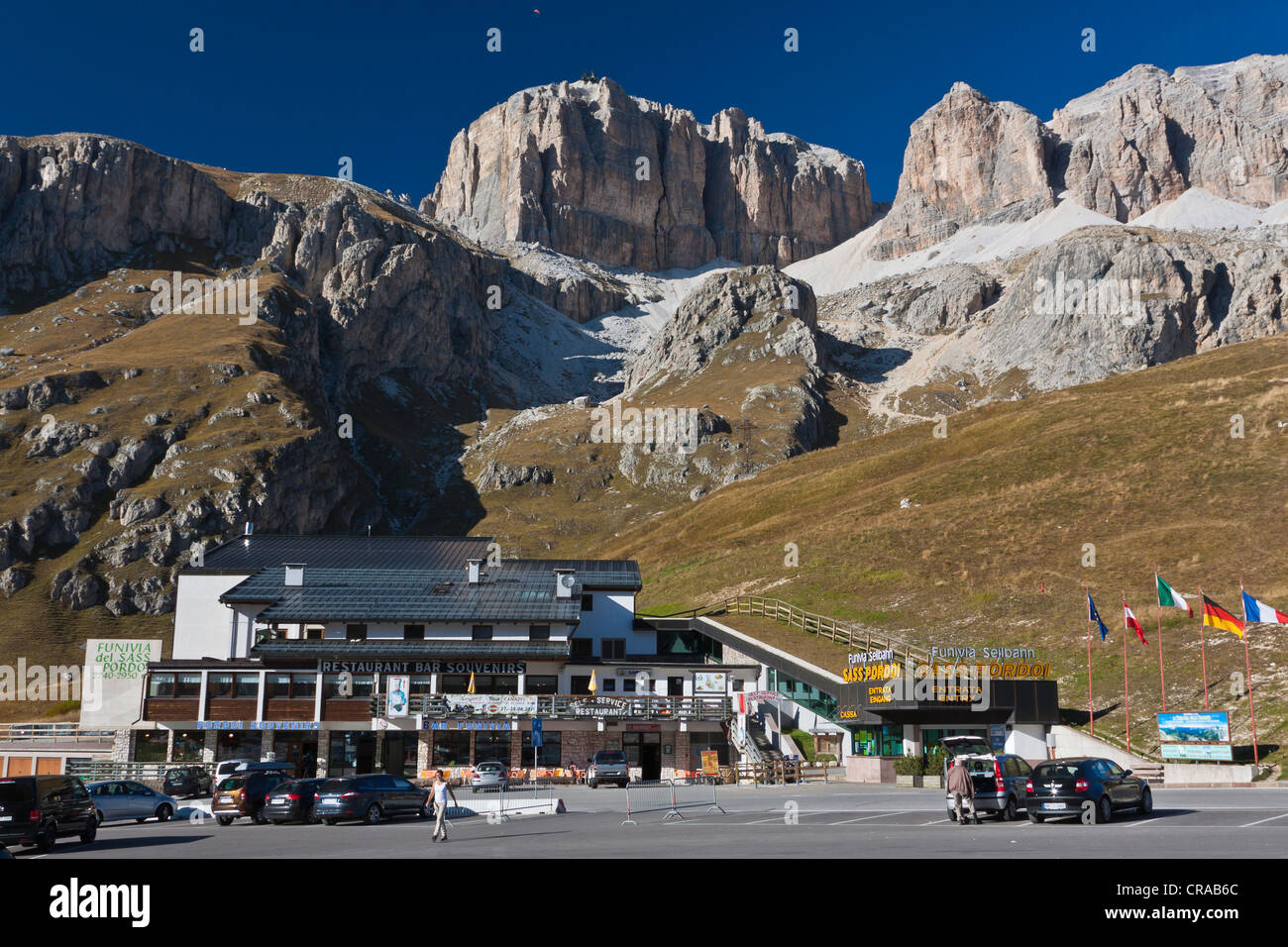 Stazione della Funivia, il Sass Pordoi montagna, 2925 m, gruppo Sella, Dolomiti, Italia, Europa Foto Stock