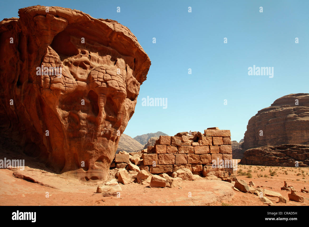 Casa da Lawrence d'Arabia, rovina, parete, deserto Wadi Rum, Regno Hascemita di Giordania, Medio Oriente e Asia Foto Stock