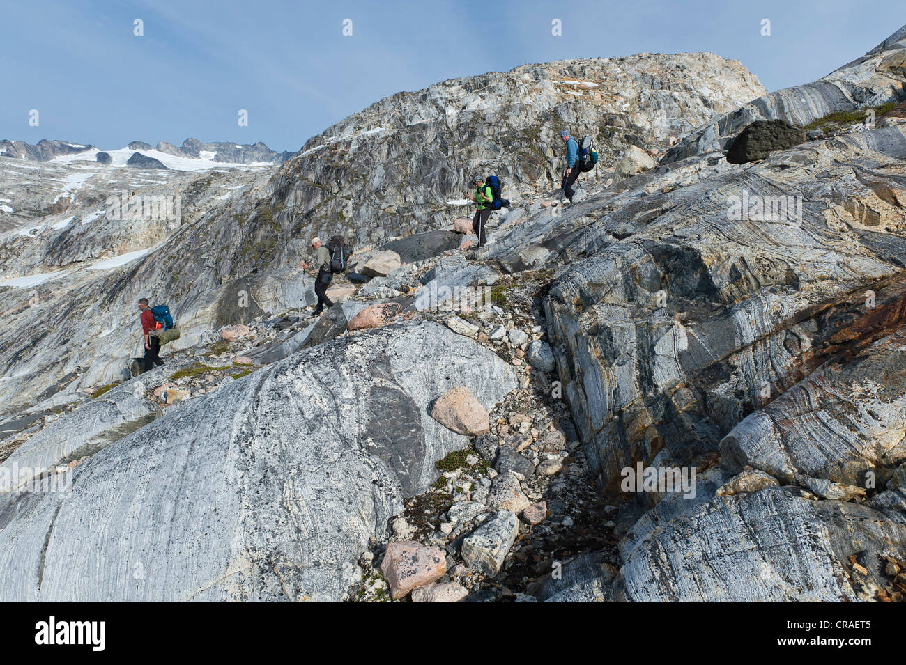 Gruppo di escursionisti con una guida, Ammassalik penisola, al fiordo di Sermilik, est della Groenlandia, Groenlandia Foto Stock