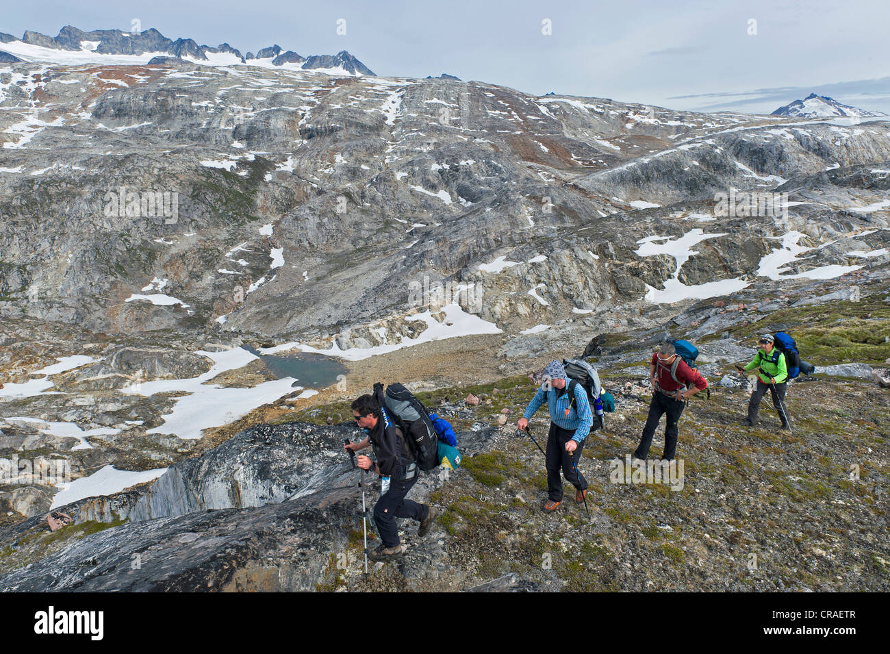 Gruppo di escursionisti con una guida, Ammassalik penisola, al fiordo di Sermilik, est della Groenlandia, Groenlandia Foto Stock