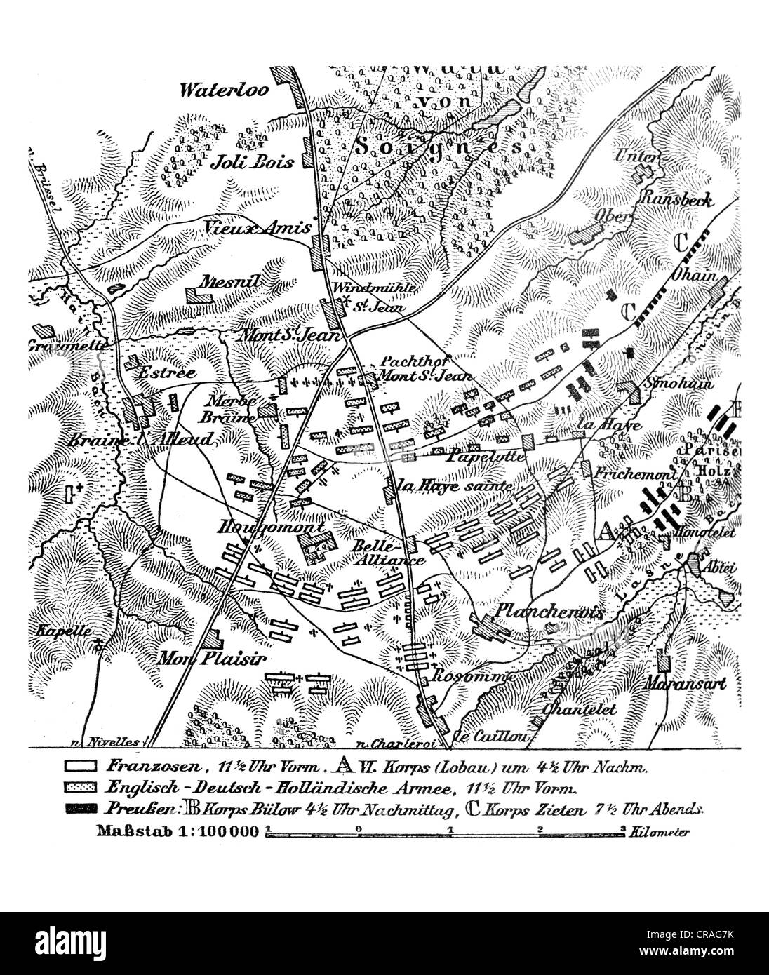 Mappa della Battaglia di Waterloo, 18 giugno 1815, da Meyers Konversationslexikon encyclopedia, 1897 Foto Stock