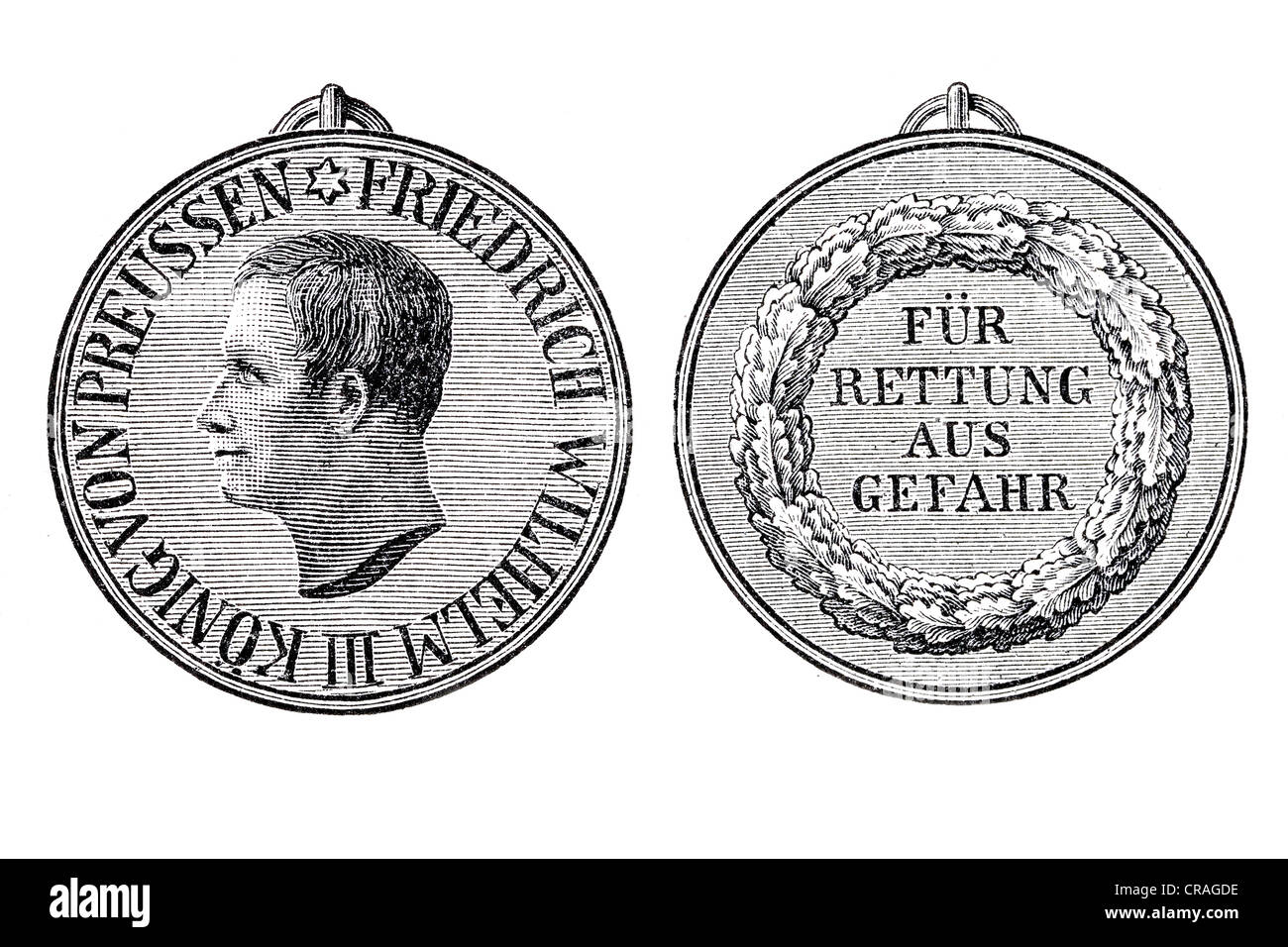 Medaglia di salvataggio, la Prussia, storico illustrazione, Meyers Konversationslexikon encyclopedia, 1897 Foto Stock