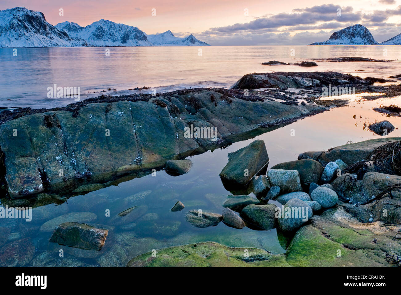 Haukland, Baia di Vikbukta sulle Lofoten Isola di Vestvågøya, Isole Lofoten in Norvegia del Nord, Norvegia, Europa Foto Stock