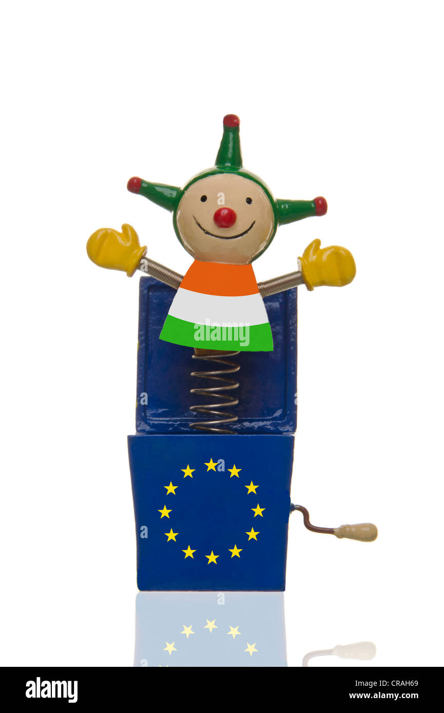 Jack in the Box, box diavolo, con le stelle dell'UE e la bandiera irlandese, immagini simboliche per l' Irlanda e la crisi dell'euro Foto Stock