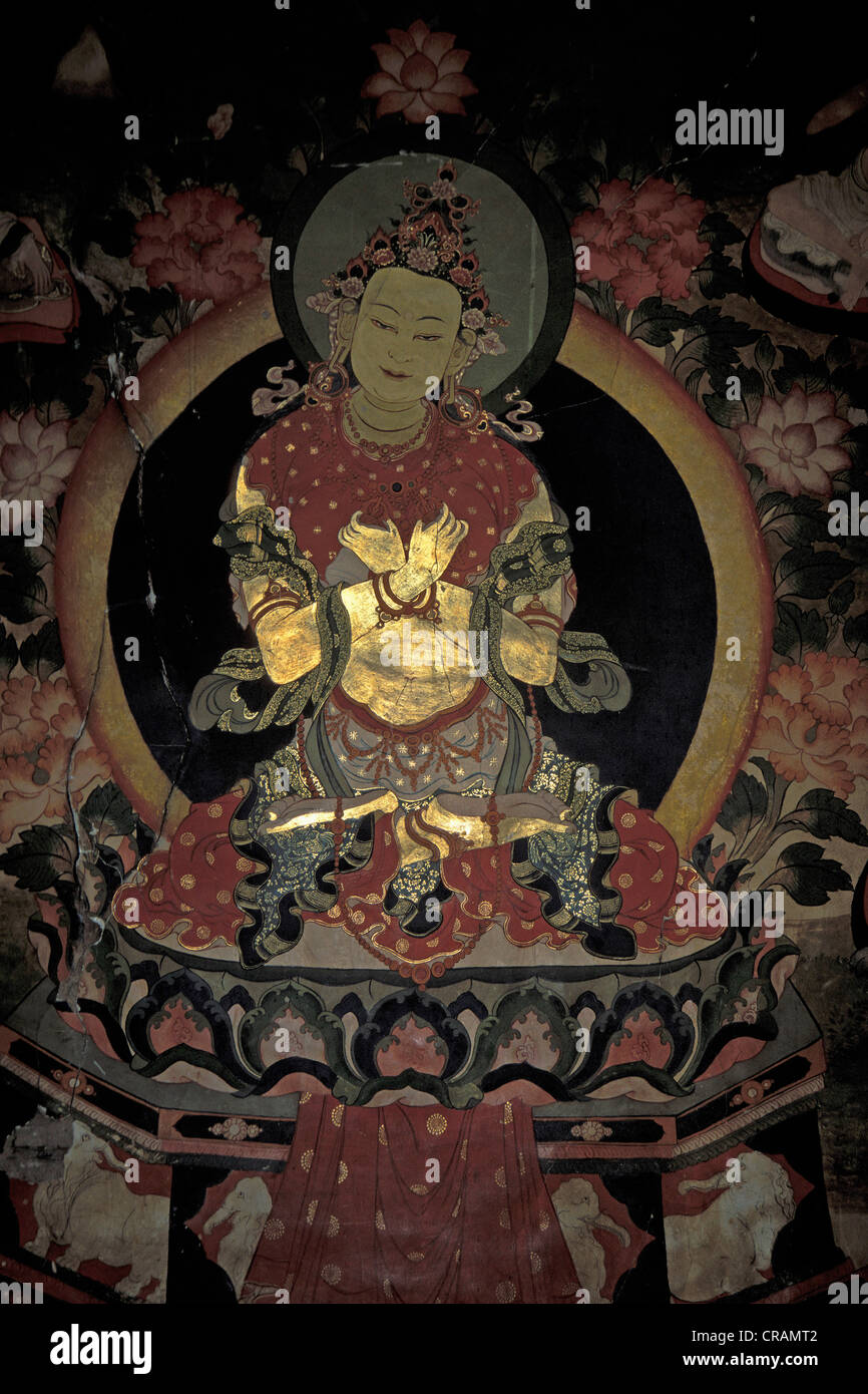Il Tibetano affresco di un bodhisattva coperto con foglie d'oro, Monastero di Hemis, Ladakh Himalaya indiano, Jammu e Kashmir Foto Stock