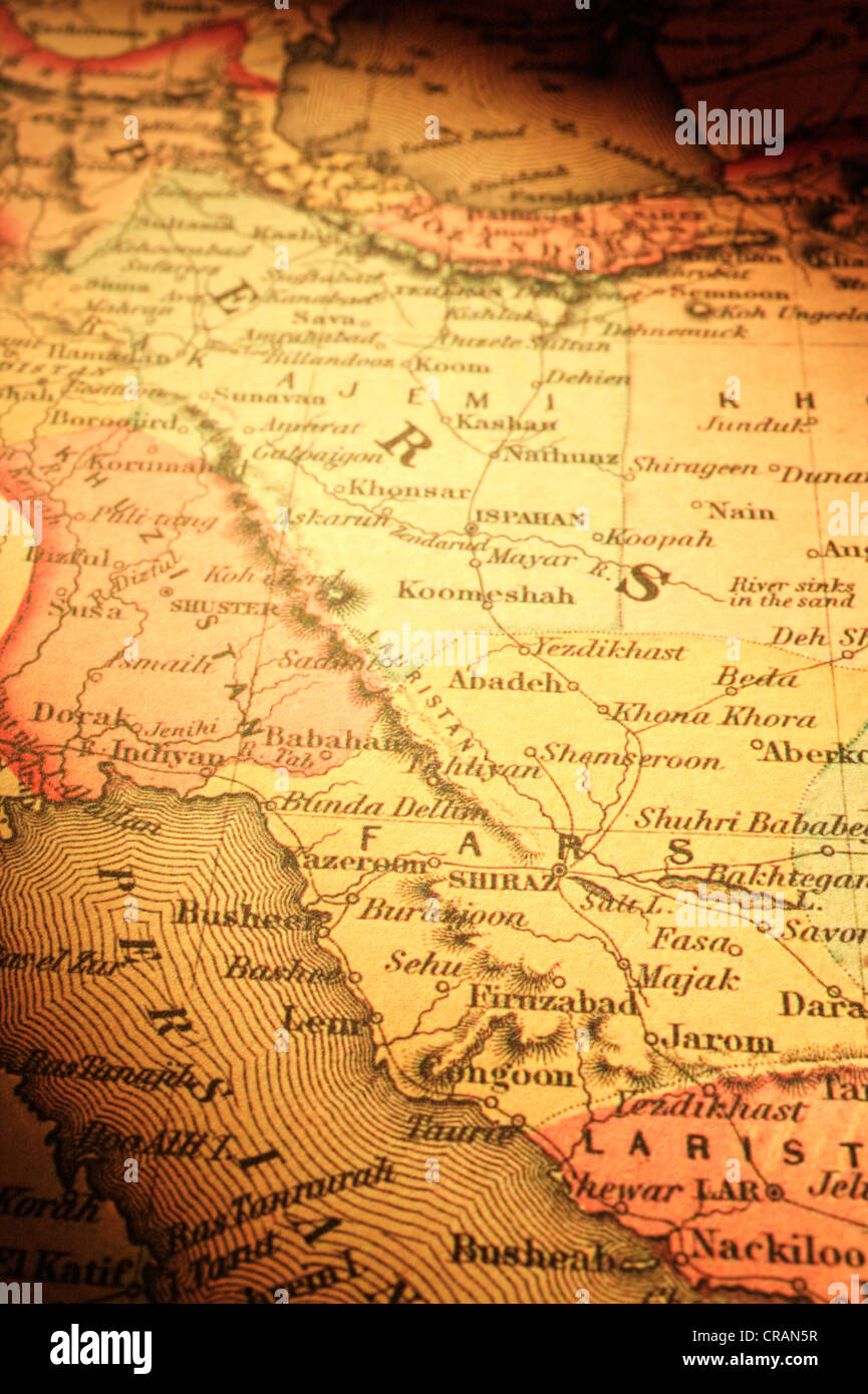 Vecchia Mappa di Iran Persia, centrato su Shiraz. Mappa è dal 1855 e al di fuori del diritto d'autore. Foto Stock