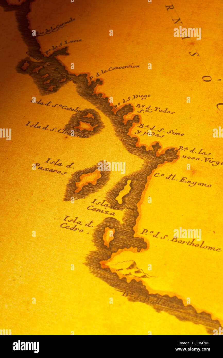 Mappa vecchia della costa californiana e isole. Mappa è dal 1720 ed è al di fuori del diritto d'autore. Foto Stock