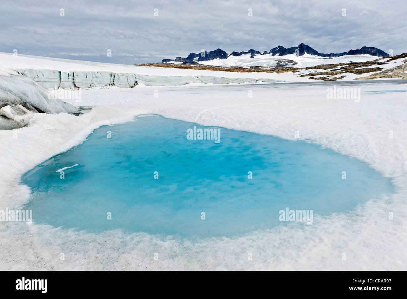 Piccolo lago di origine glaciale, Mittivakkat ghiacciaio, Ammassalik penisola, est della Groenlandia, Groenlandia Foto Stock