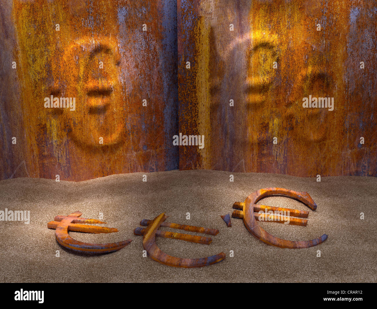 Rusty euro simboli, immagine simbolica per l'euro crisi finanziaria Foto Stock