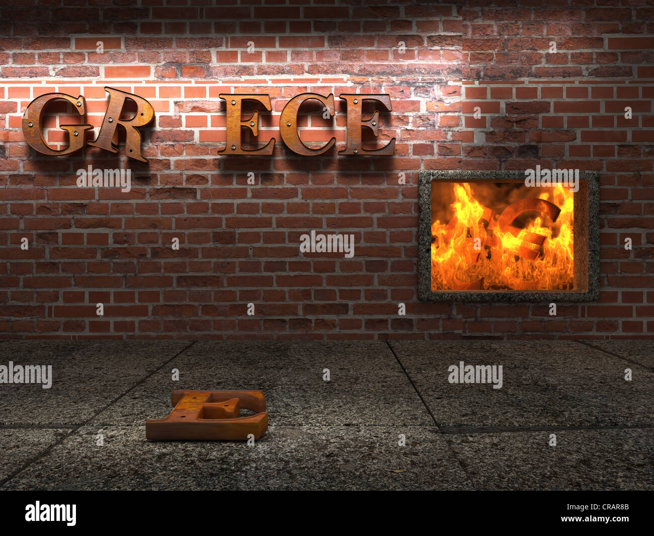 Rusty la parola " Grecia " falling apart accanto a un forno con un ardente simbolo euro, immagine simbolica per la distruzione di denaro in Foto Stock