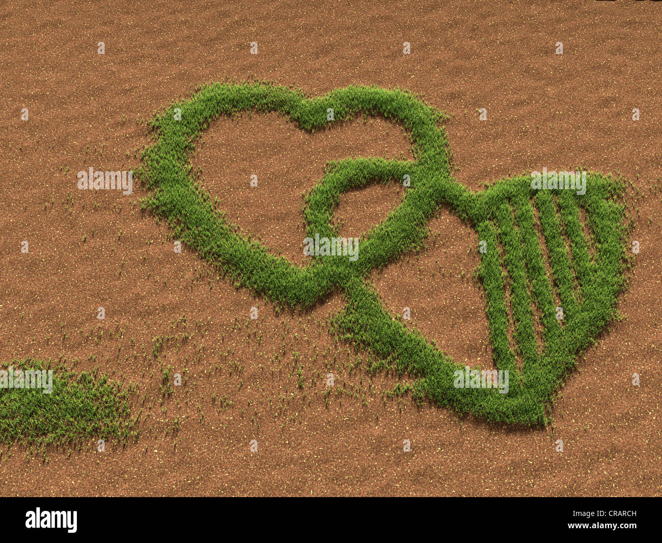 Erba su terreno sabbioso che forma due cuori, illustrazione Foto Stock