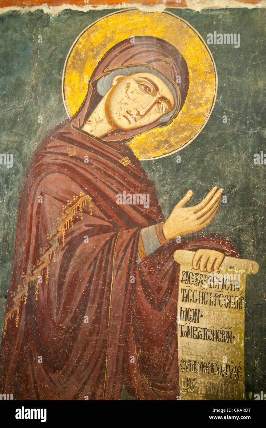 Affresco bizantino in un dipinto di fienile col tetto chiesa greco ortodossa, Sito Patrimonio Mondiale dell'UNESCO, Monti Troodos, Cipro Foto Stock