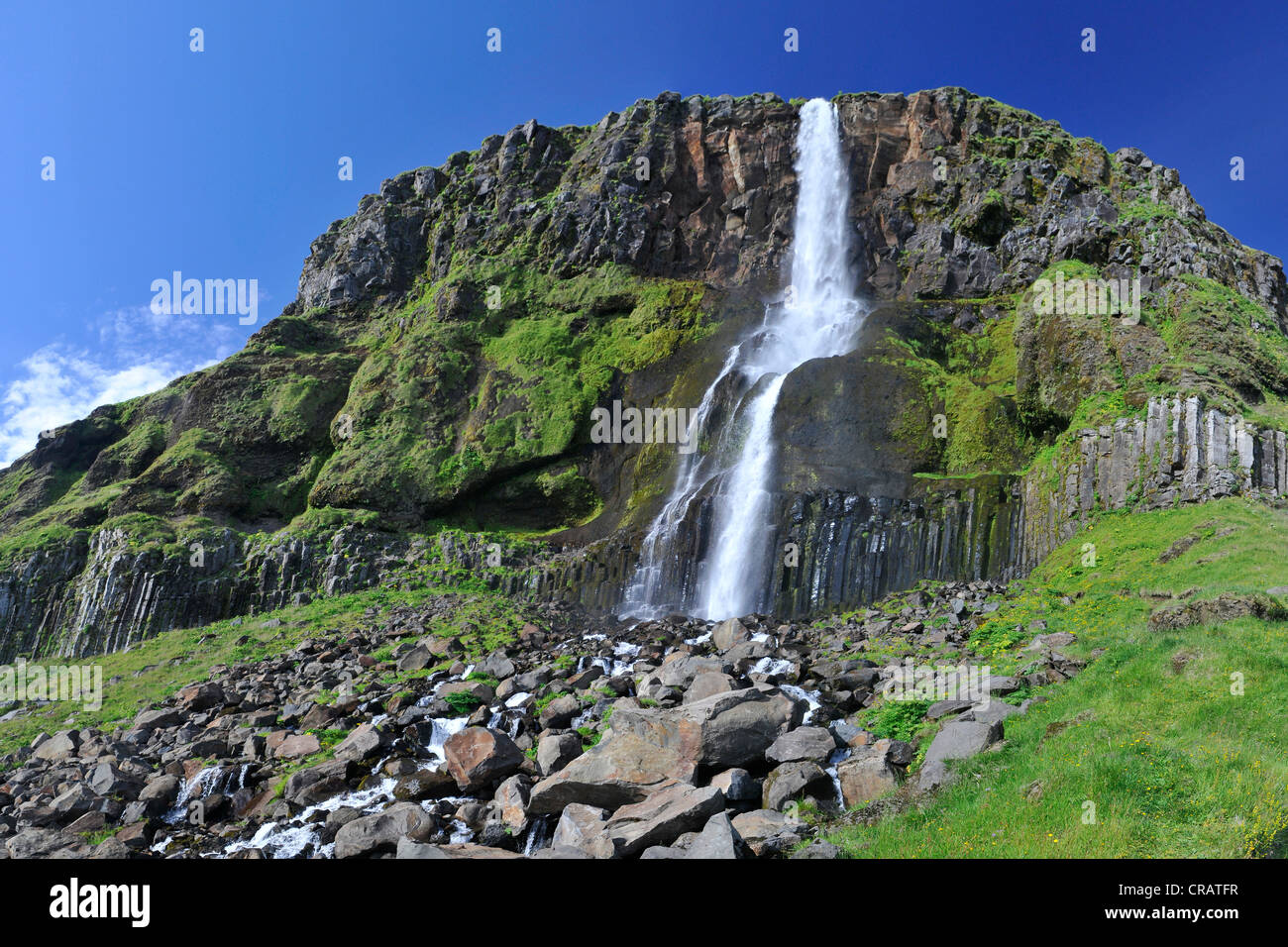 Bjarnarfoss cascata, Snaefellsnes peninsular, Islanda, Europa Foto Stock