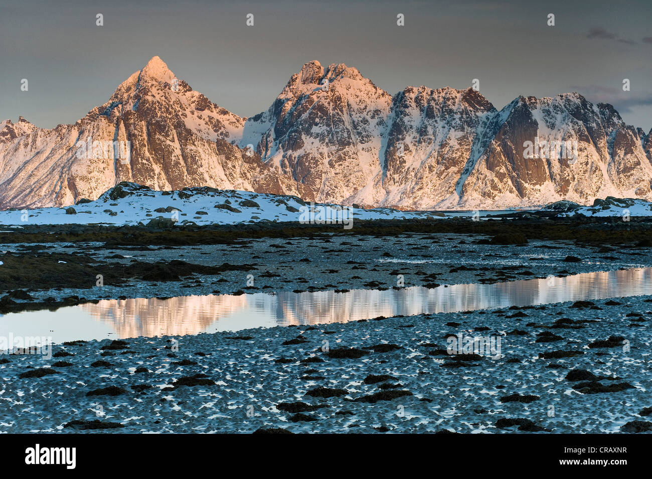 Paesaggio vicino Nedredal, Isola di Vestvågøya con Gimsøystraumen fiordo, Isole Lofoten in Norvegia del Nord, Norvegia, Europa Foto Stock