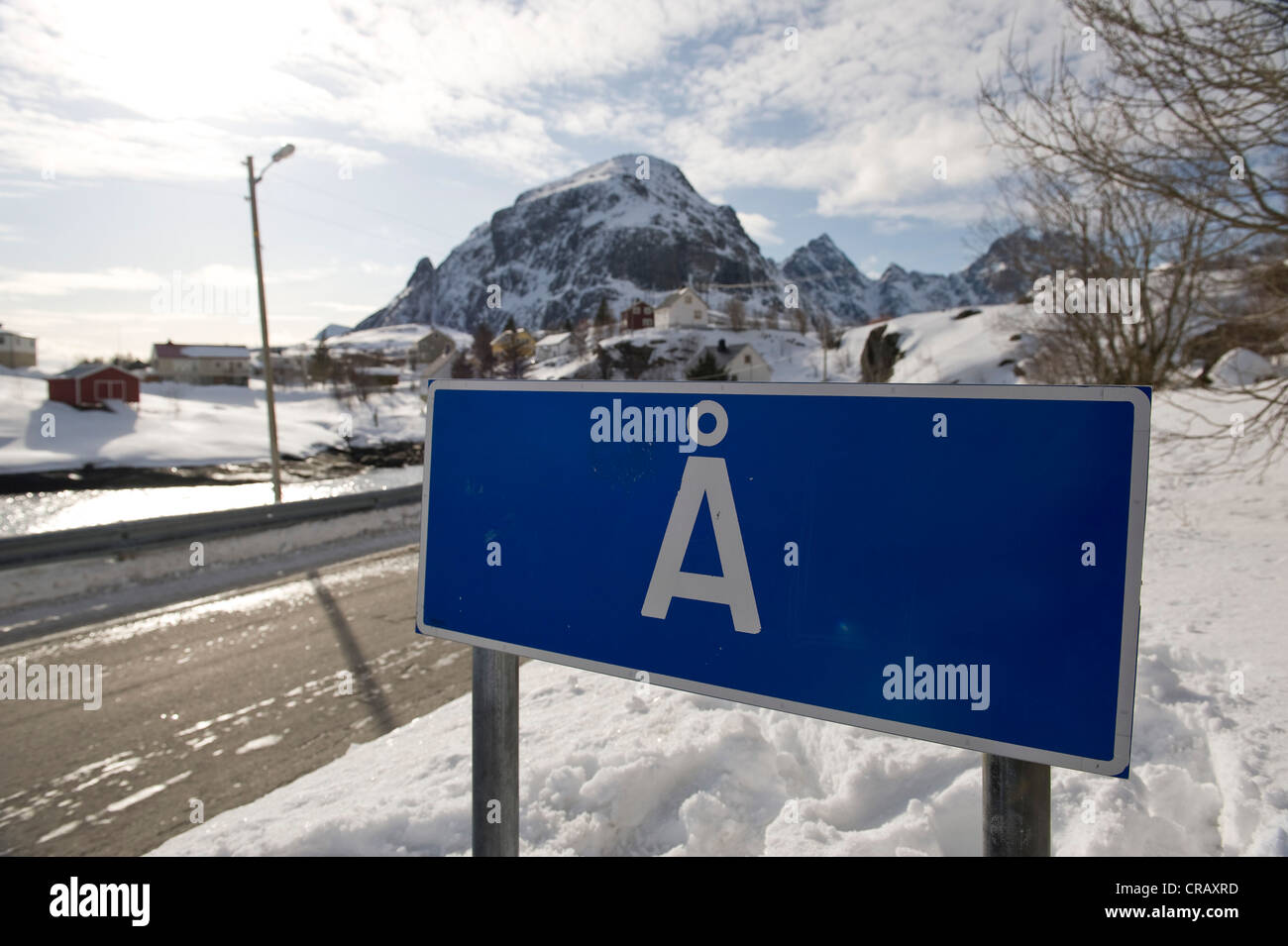 Città segno di Å i Lofoten o Å, Isole Lofoten, Norvegia del Nord, Norvegia, Europa Foto Stock
