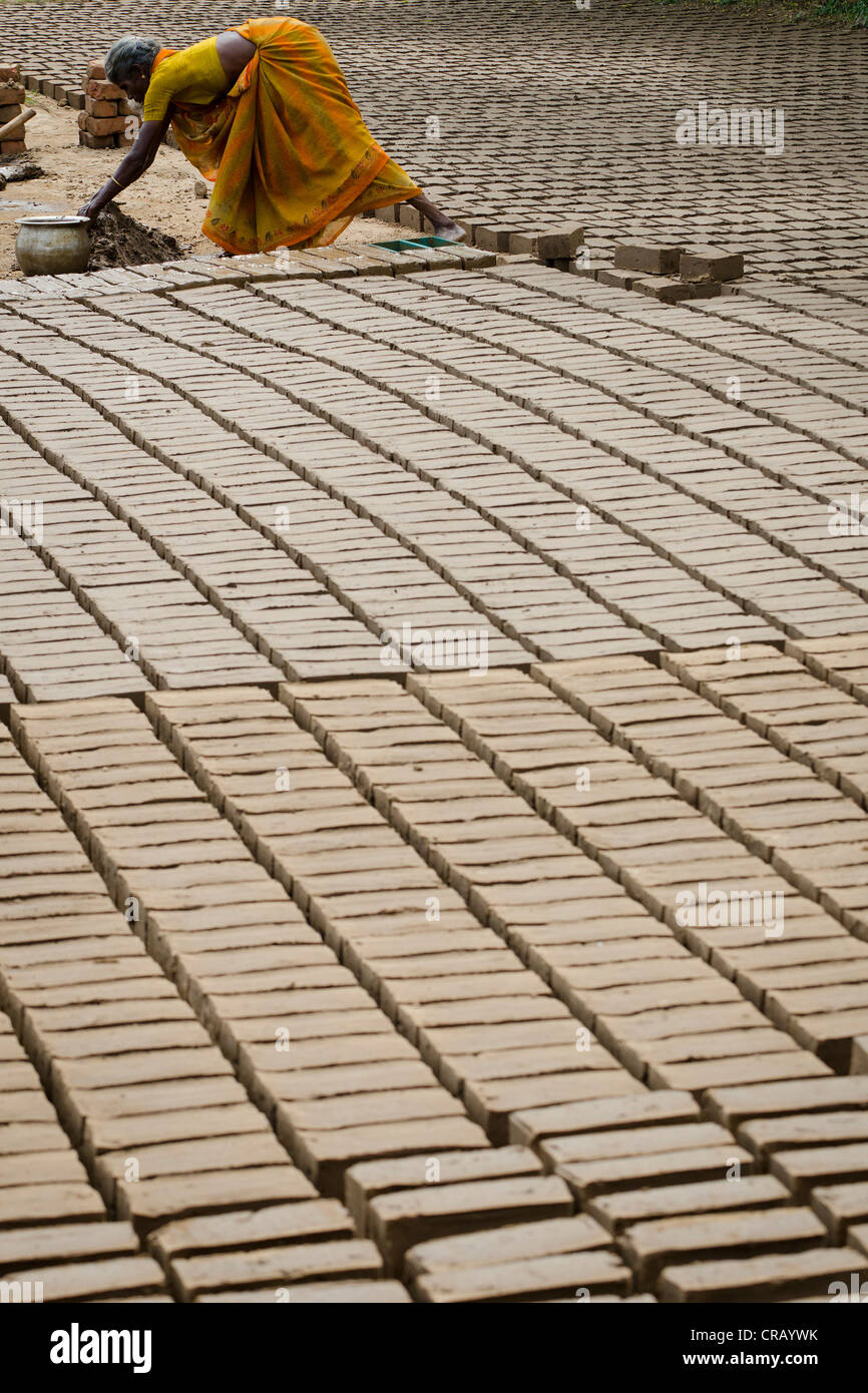 Realizzazione di mattoni di argilla, Neloor Maravappalayam, vicino Karur, Tamil Nadu, India, Asia Foto Stock