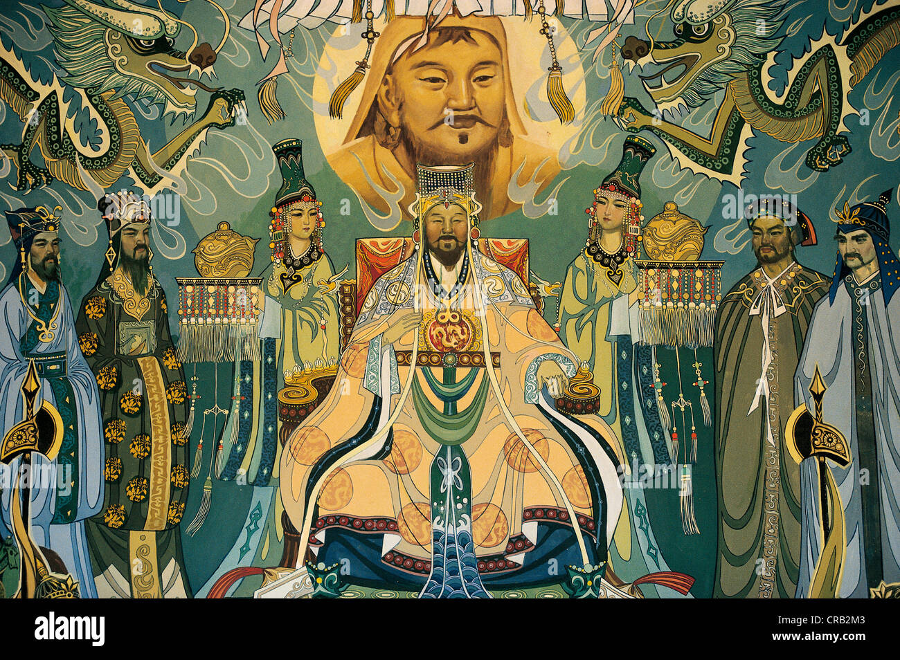 Murale con Gengis Khan, Temujin Khan grande dell'Impero Mongolo e la sua corte, Dongsheng, Mongolia Interna, Cina e Asia Foto Stock