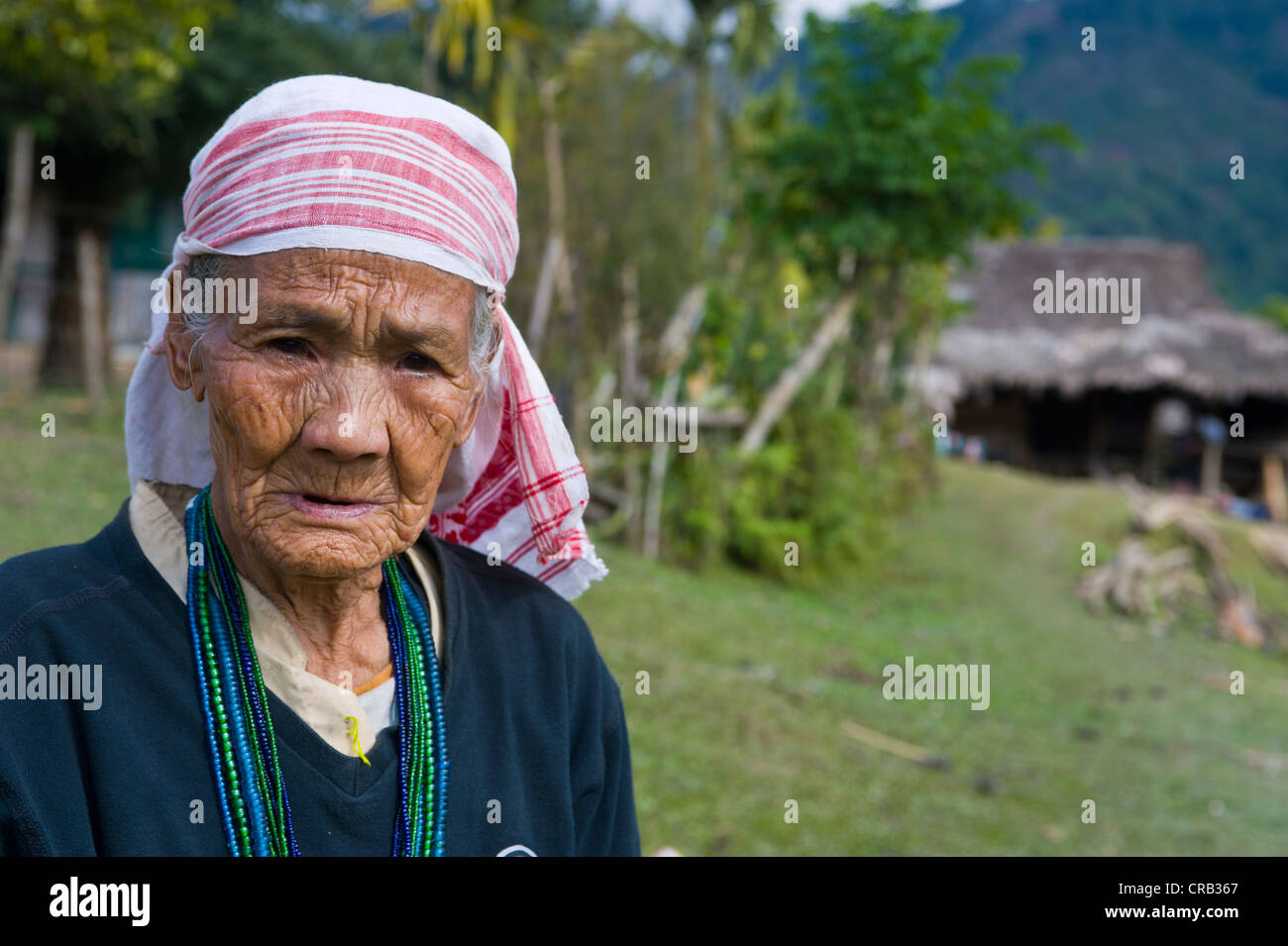 Donna anziana dall'Adi Gallong gruppo etnico, ritratto, lungo, Arunachal Pradesh, a nord est dell India, India, Asia Foto Stock