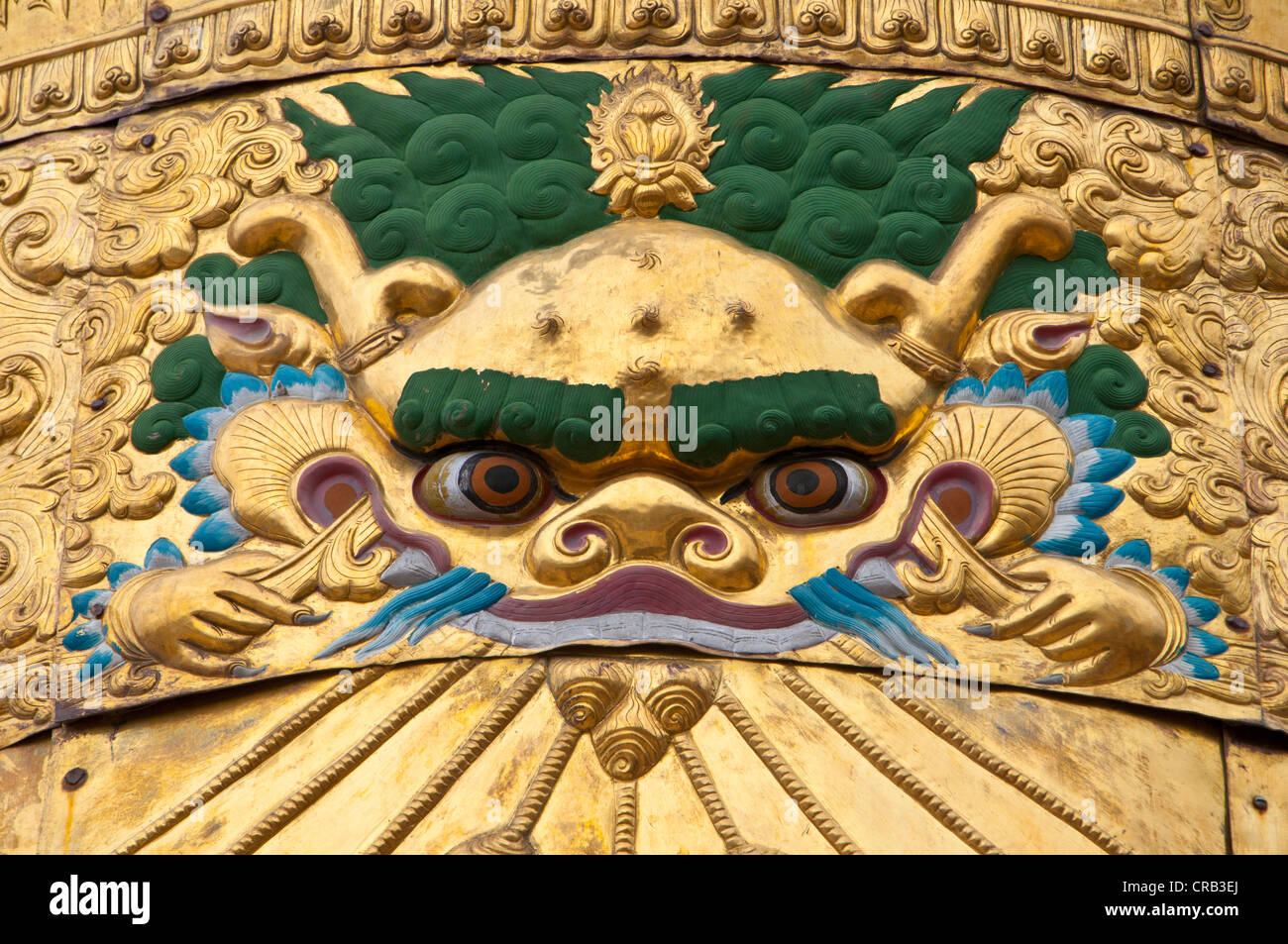 Buddista ornamento del tetto, Drepung tempio, Lhasa, in Tibet, Asia Foto Stock