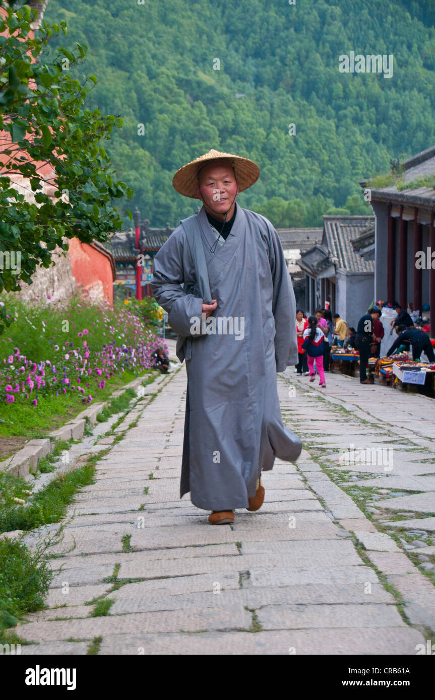 Monaco buddista in Wutai Shan sito monastico, monte Wutai, Sito Patrimonio Mondiale dell'Unesco, Shanxi, Cina e Asia Foto Stock