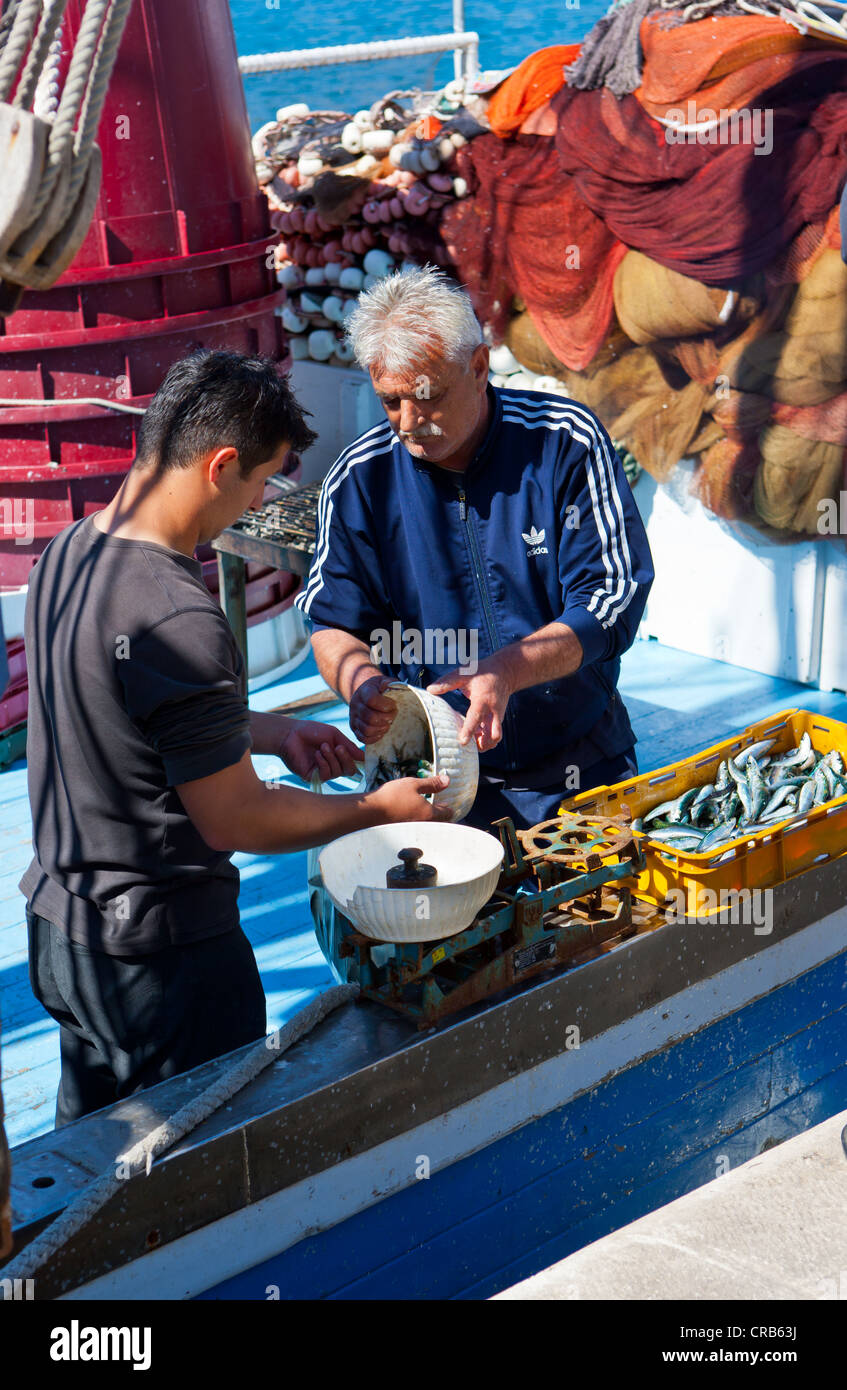 I pescatori vendere pesce fresco direttamente da una barca, Makarska, Dalmazia centrale, Dalmazia, costa adriatica, Croazia, Europa Foto Stock