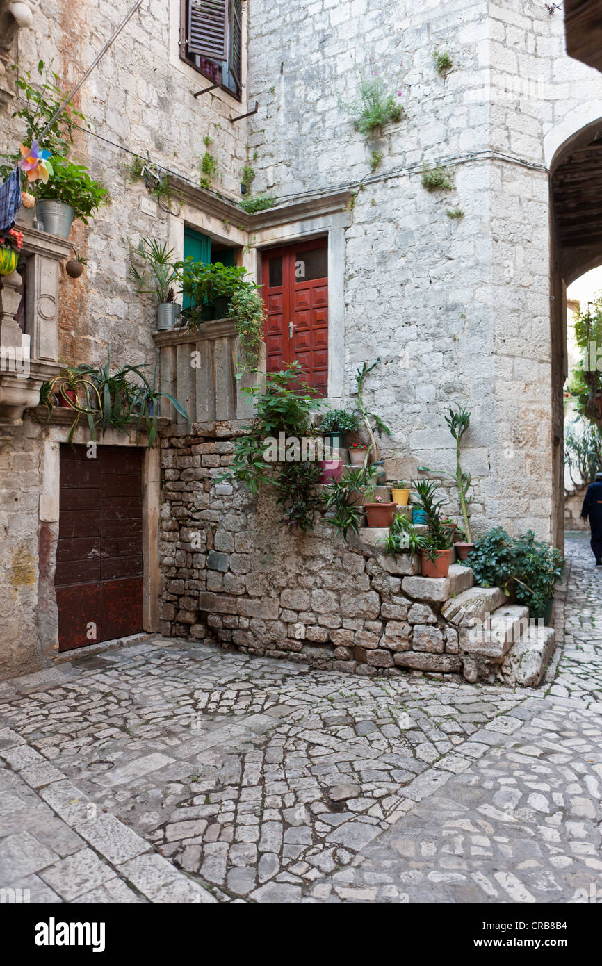 Ingresso con una scala di pietra, il centro storico di Traù, patrimonio mondiale dell UNESCO, Trogir e Split regione, Dalmazia Centrale Foto Stock