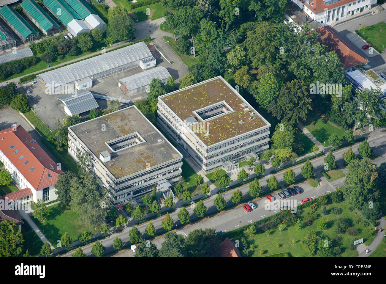 Vista aerea, biblioteca centrale, sinistra, istituzionale e auditorium edificio, Garbenstrasse street 17, Università Foto Stock
