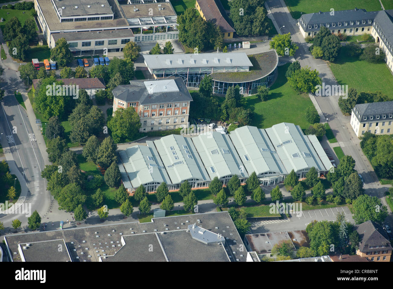 Vista aerea, mensa e gli edifici della facoltà di Biologia dell'Università, Plieningen, Baden-Wuerttemberg Foto Stock