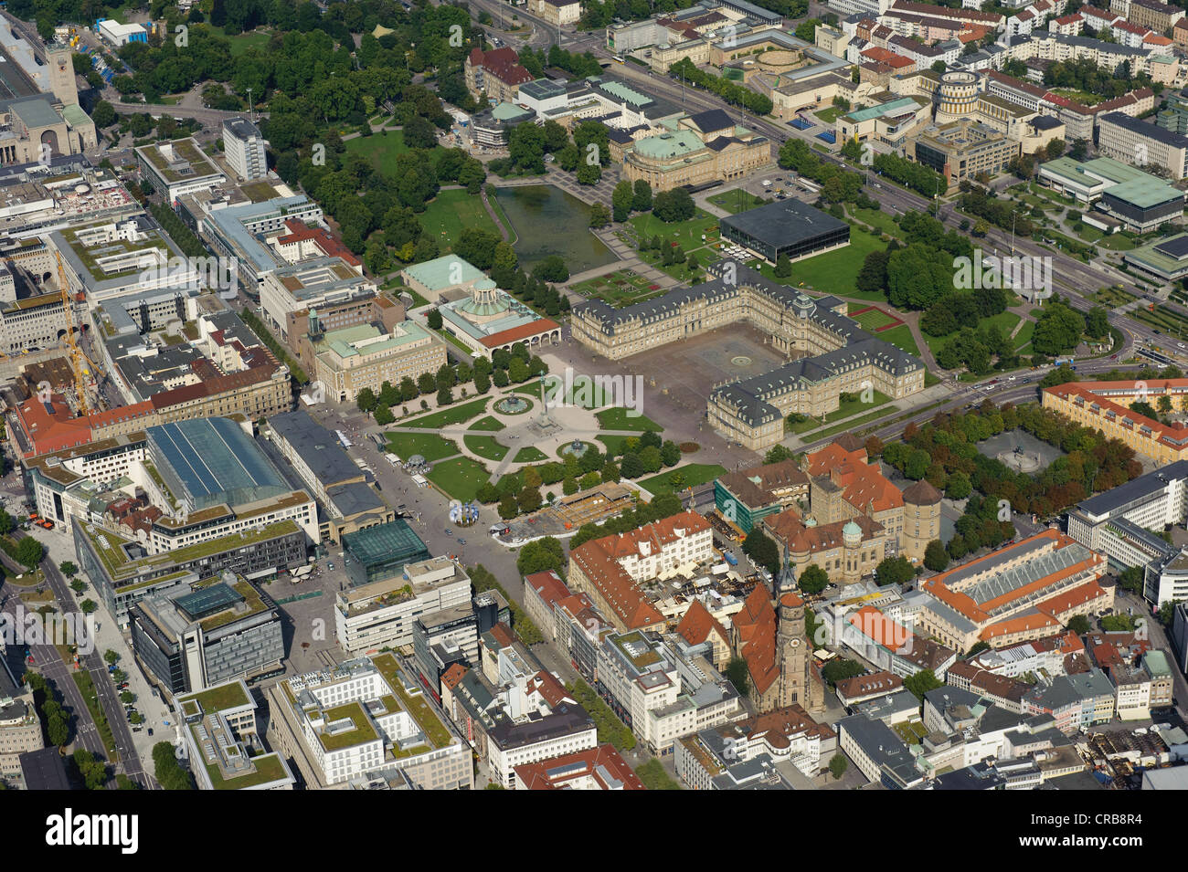 Vista aerea, centro città, Neues Schloss, New Castle, Schlossplatz square, Altes Schloss, old castle Koenigsbaupassage, Eckensee Foto Stock