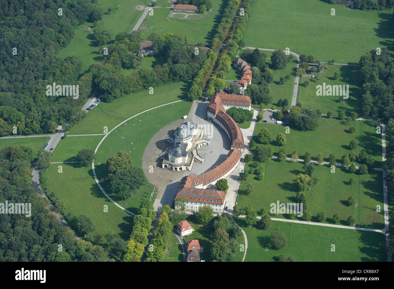 Vista aerea, residenza ufficiale del Primo ministro del Land del Baden-Wuerttemberg, costruito alla fine degli anni sessanta e Schloss solitudine Foto Stock