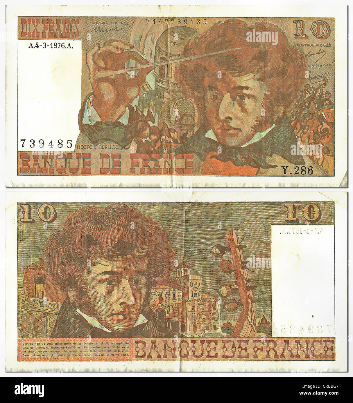 Banconota storico, anteriore e posteriore, 10 franchi, Francia, Banque de France, circa 1976 Foto Stock