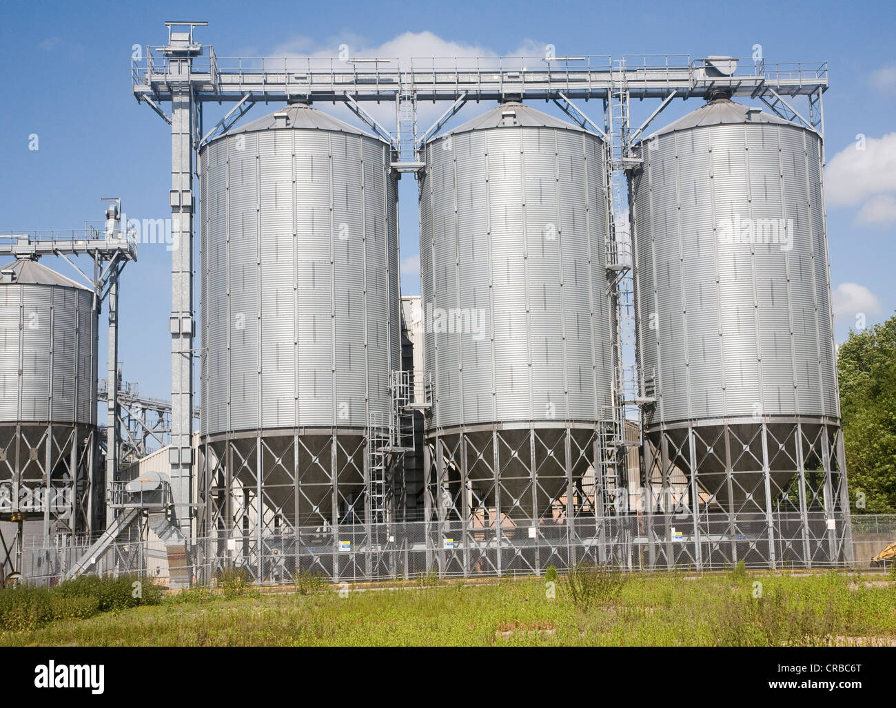Orzo in acciaio silos per il grano Mendlesham, Suffolk, Inghilterra Foto Stock