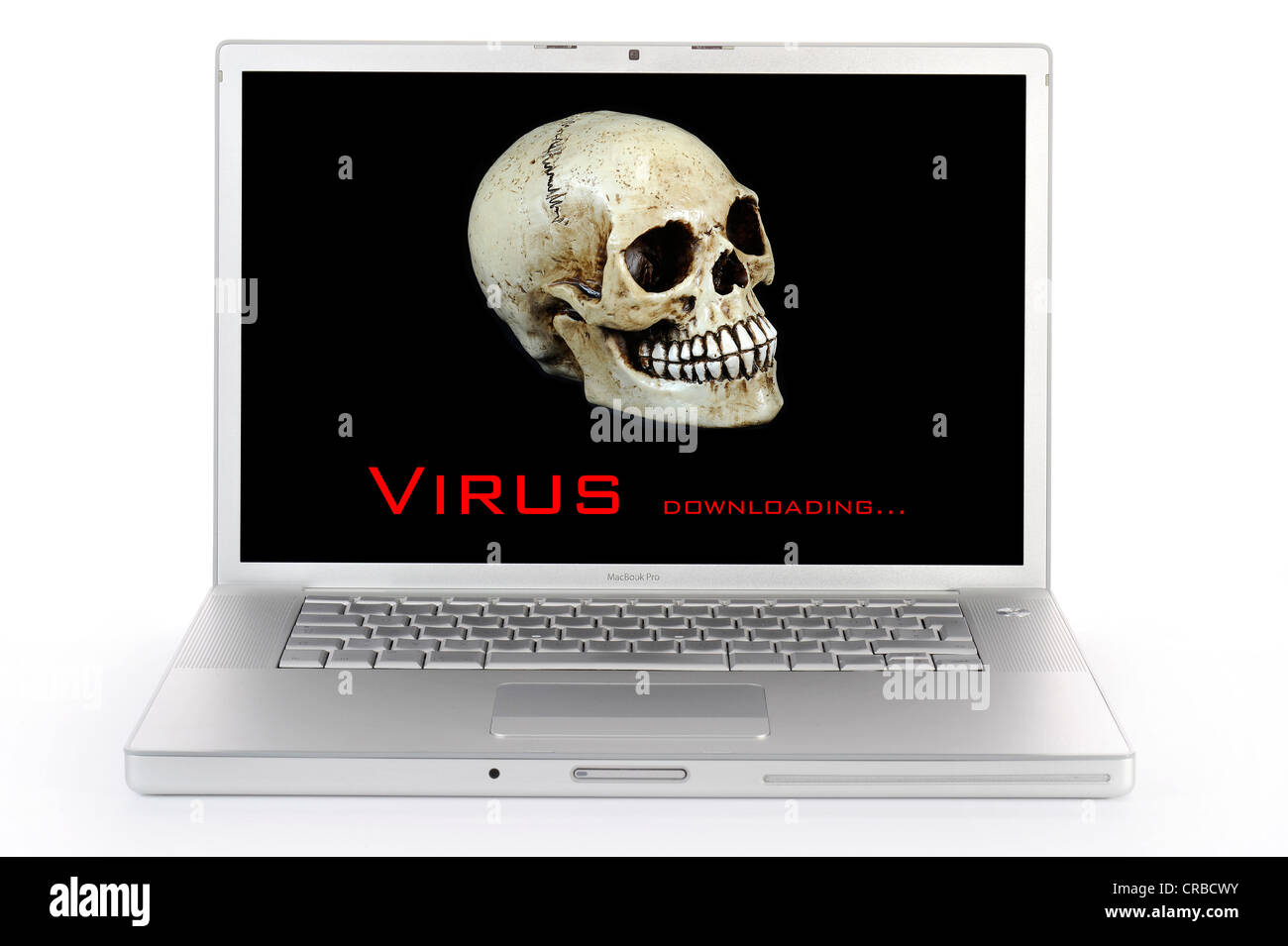 Computer portatile, cranio, lettering "Virus", immagine simbolica per allarme virus Foto Stock