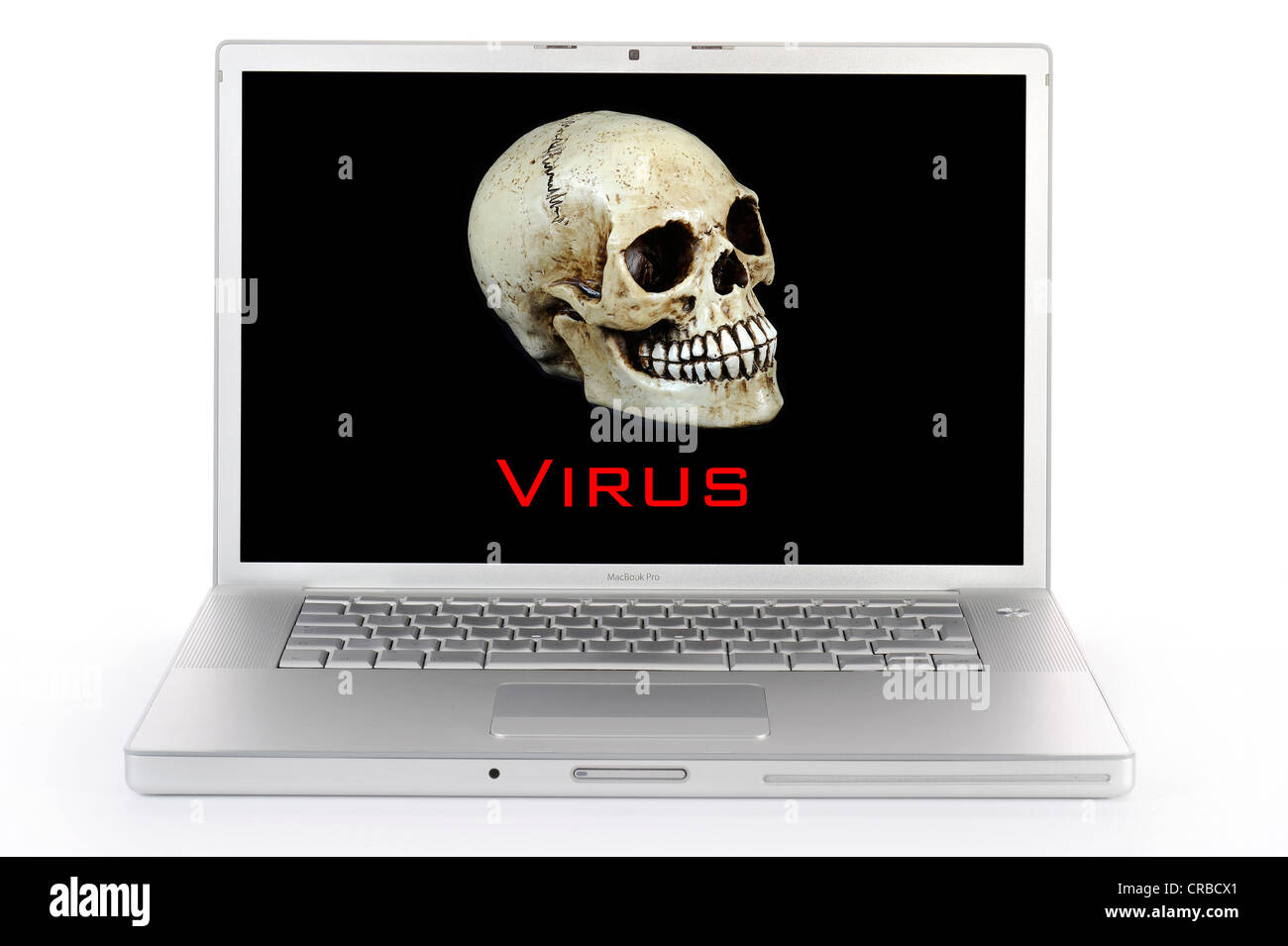Computer portatile, cranio, lettering "Virus", immagine simbolica per allarme virus Foto Stock