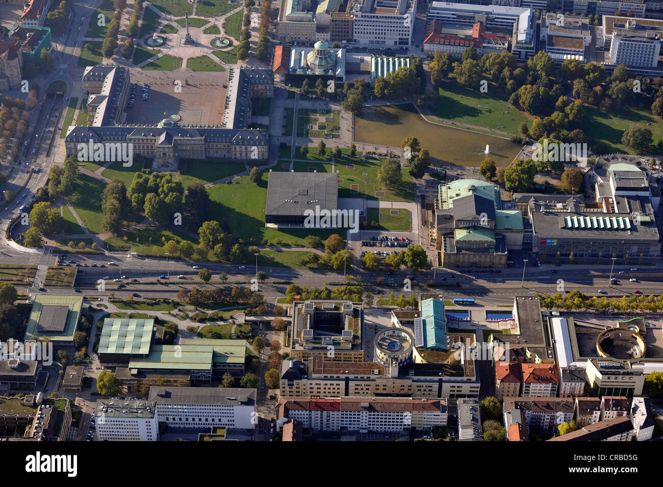 Vista aerea, Kulturmeile Stoccarda complesso con opera house, Haus der Geschichte museum, accademia di musica Foto Stock