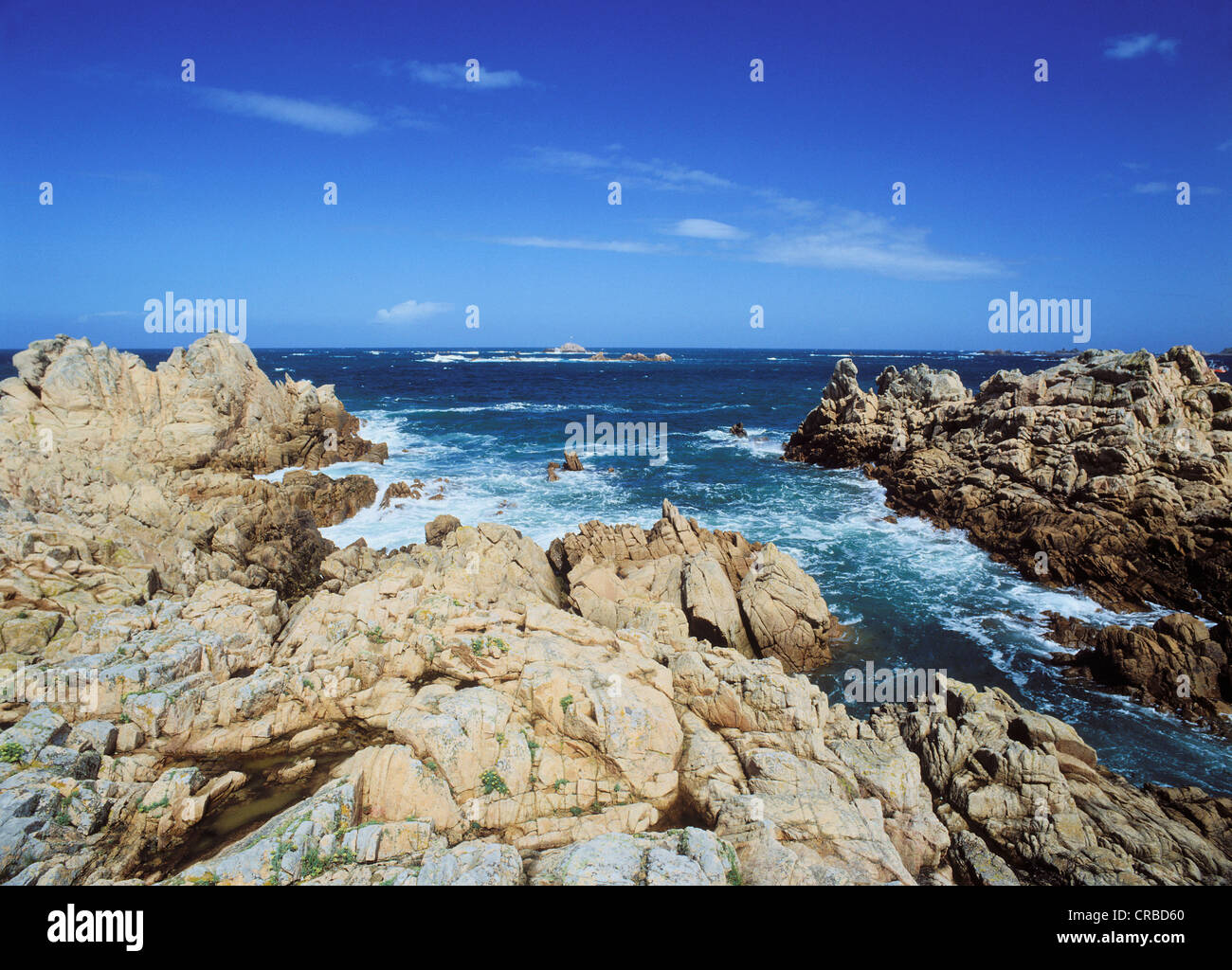 Cobo Bay, rock costa, Cobo, Guernsey, Isole del Canale, England, Regno Unito, Europa Foto Stock