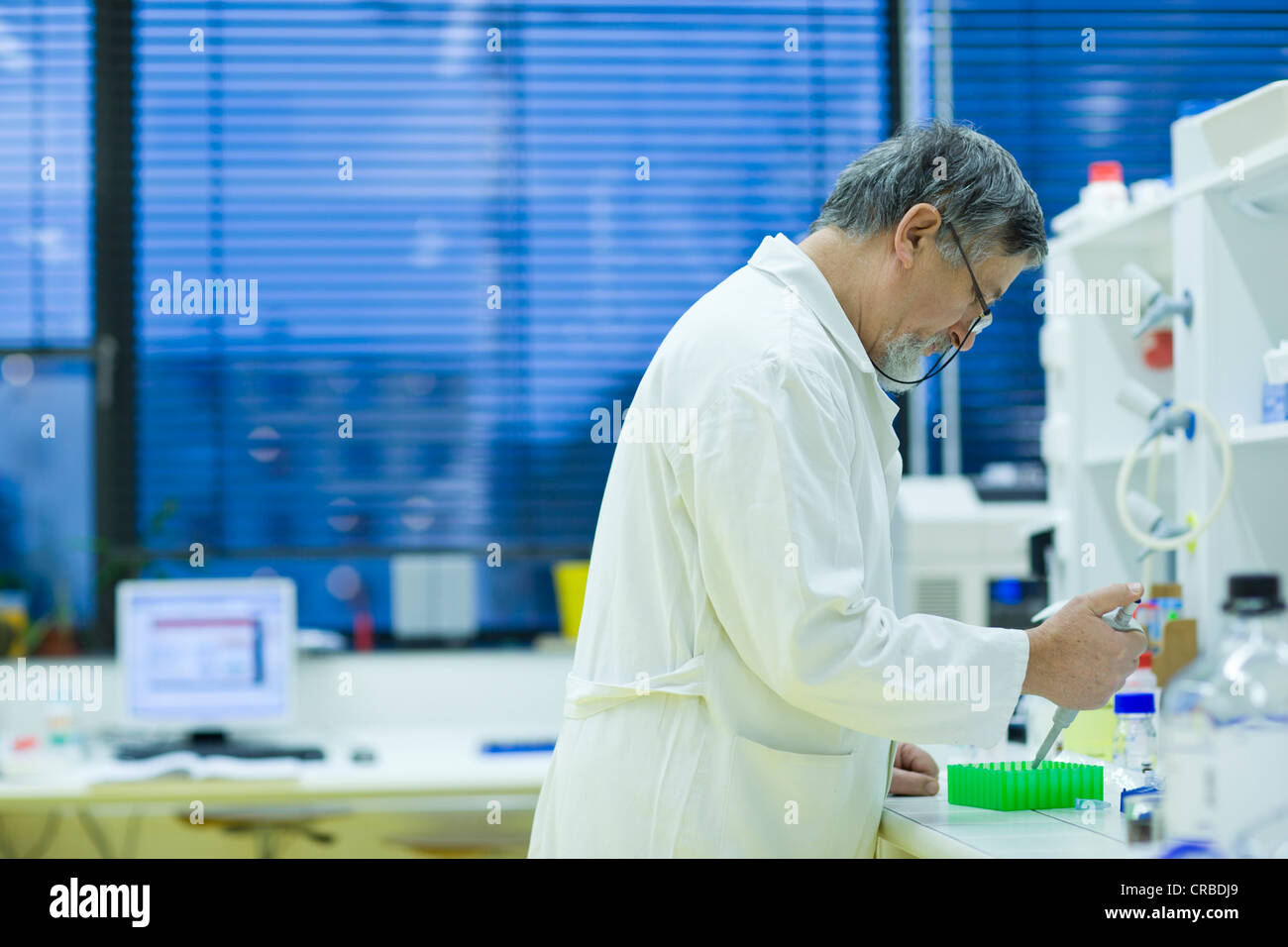Maschio senior researcher di effettuare attività di ricerca scientifica in laboratorio utilizzando un gascromatografo (SHALLOW DOF; dai toni di colore immagine) Foto Stock
