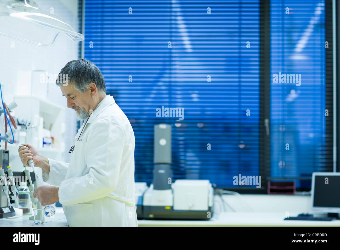 Maschio senior researcher di effettuare attività di ricerca scientifica in laboratorio utilizzando un gascromatografo (SHALLOW DOF; dai toni di colore immagine) Foto Stock